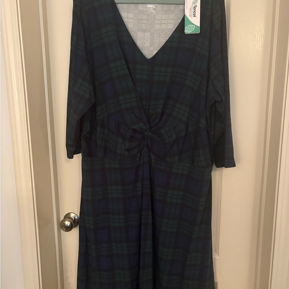 Lands End Navy Plaid Draped V-Neck Dress - NWT